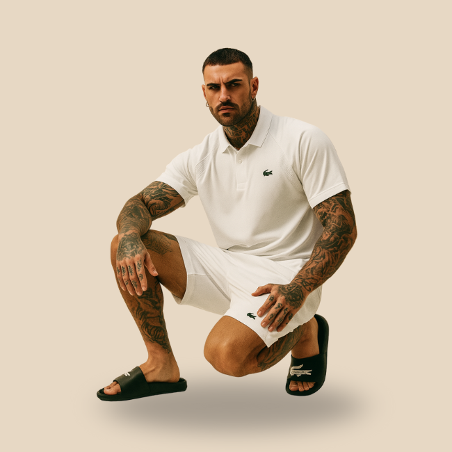 🐊 KIT Lacoste Premium (Boné, Camiseta, Bermuda e Chinelo)