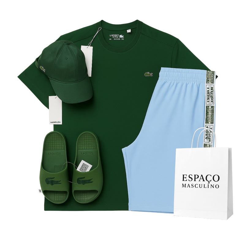 🐊 KIT Lacoste Premium (Boné, Camiseta, Bermuda e Chinelo)